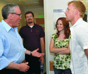 (from left) Dr. Avi Rivkind; Peter Lanfer and his wife, Sarah Drew; and Kevin McKidd. Photograph by Avi Hayun.