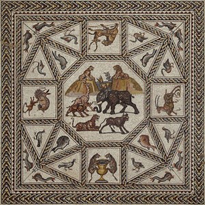 Detail from the central panel of the mosaic floor Nicky Davidov/Courtesy of the Israel Antiquities Authority