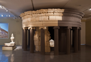 Herod's limestone sarcophagus is set within the circular upper section of his reconstructed mausoleum. Courtesy of Elie Posner.