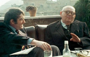 Filmmaker Claude Lanzmann (left) meeting with Benjamin Murmelstein in 1975.